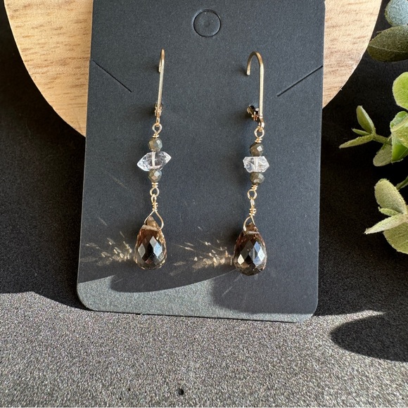 Herkimer Diamond and Smoky Quartz Earrings 14k Gold Lever back - Picture 5 of 11